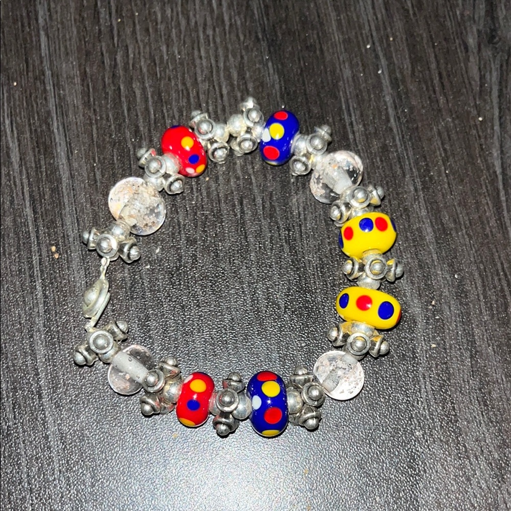 Red and Yellow Beaded Bracelet with Charms and Silver Clasp